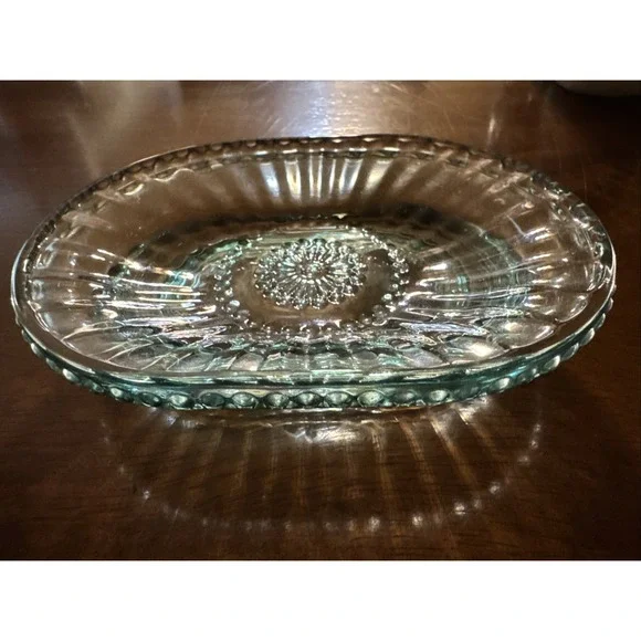 Vintage Aqua Blue Glass Soap Dish Rectangle Beaded Ribbed Bathroom Vanity Tray