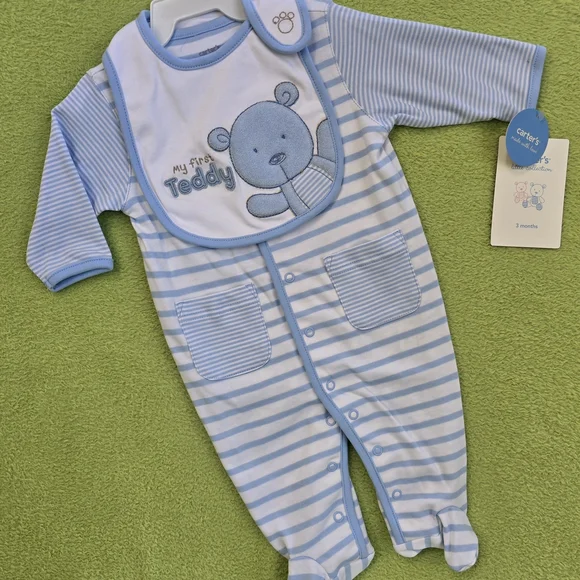 NWT 3-6M FOOTIE & BIB SET Blue & White Striped Baby BOYS MY FIRST TEDDY (Q5)