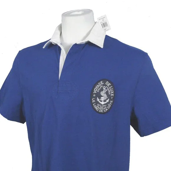 NEW VINTAGE POLO RALPH LAUREN SHORT SLEEVE RUGBY SHIRT! L BLUE NAUTICAL PATCH