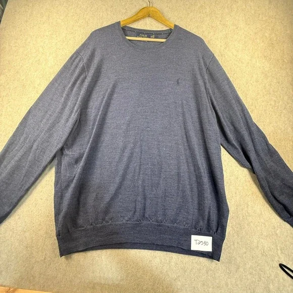 Polo Ralph Lauren Mens XXL Blue Heathered Crewneck Knit Sweater Long Sleeve Pony