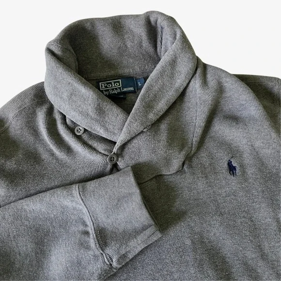 Polo Ralph Lauren Mens Shawl Collar Sweater Gray Cotton Knit Large