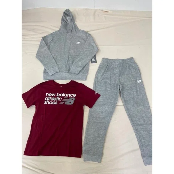 New Balance Kids 3 Piece Set Hoodie Joggers T-Shirt‎ Grey Maroon Size 10