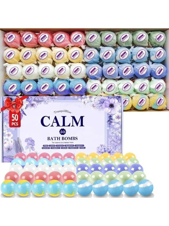 50 PCS Natural Bath Bombs Set for Women - 10 Scents, Relaxing Spa Gift