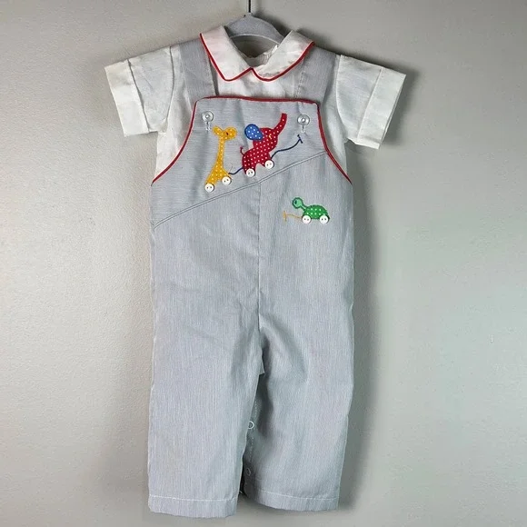 Trotter Street Vintage Overalls Set Kids 6M Blue White Good Animal Applique