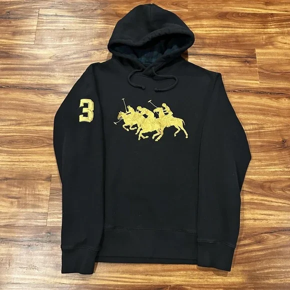 Polo Ralph Lauren Hoodie Mens Medium Black Pullover Triple Pony 3 Fleece Logo