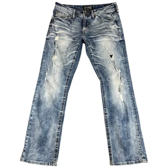 Salvage Mayhem Jeans Mens 33R Blue‎ Denim Rugged Buckle Straight Leg Distressed