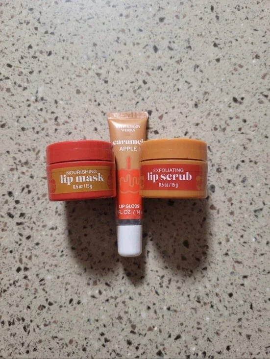Bath & Body Works Caramel Apple Nourishing Lip Mask, Scrub, Lip Gloss Lot Of 3