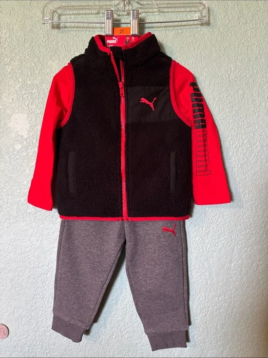 Puma Black Fleece Vest Red Long Sleeves Shirt Gray Joggers Boys Size 2T Like New