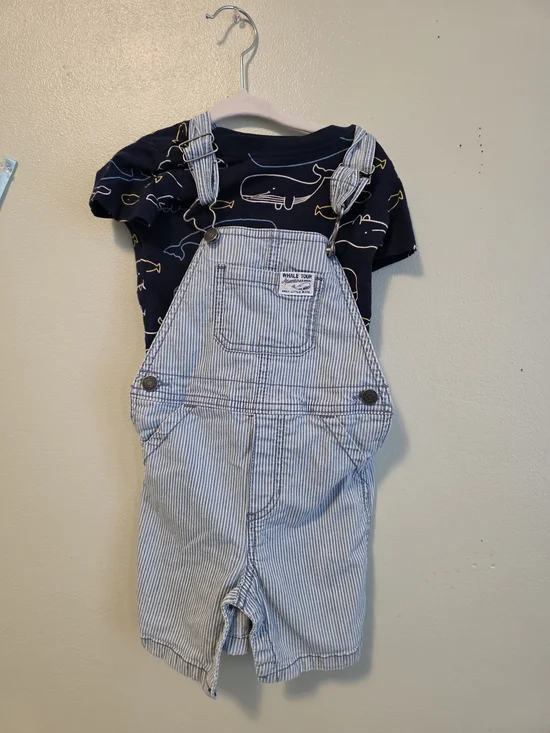 Carter's Navy Whale Tee with Blue/White Pinstripe Short Overalls