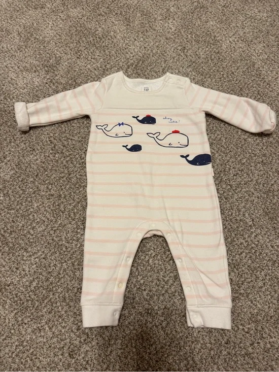 GAP Pink & Navy Whale Stripe Baby One-Piece
