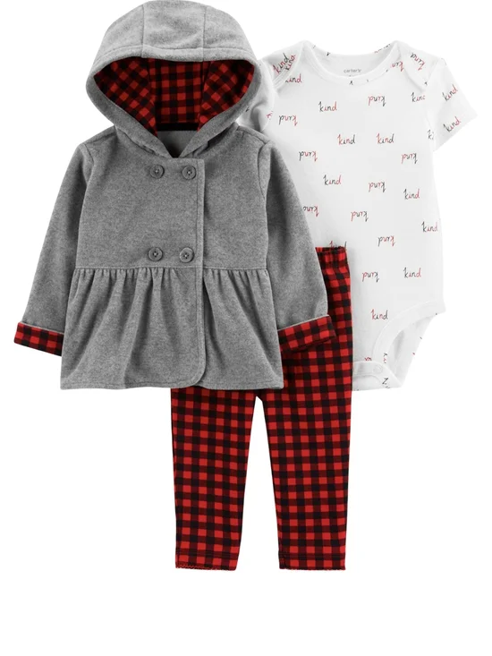 Carter's 3 Piece Size 6 Months Gray and Red Plaid Trim Baby Set