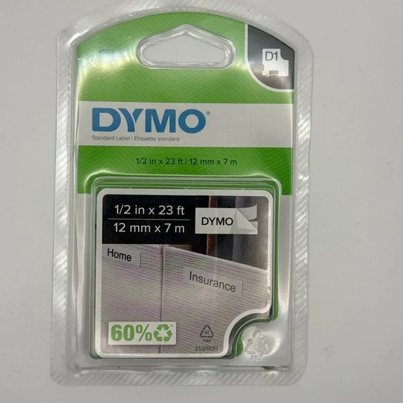 DYMO D1 Label Tape‎ 45113 Black on White 1/2 Inch x 23 Feet Standard Labeling