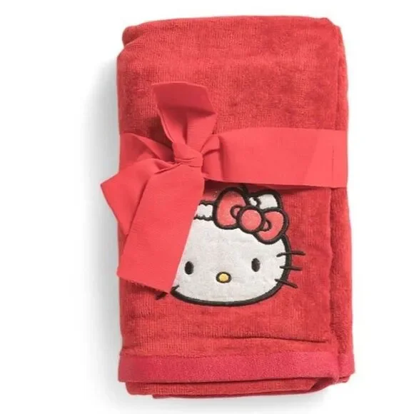 Hello Kitty Red Holiday Hand Towel Set With Embroidered Santa Design & Gift Bow