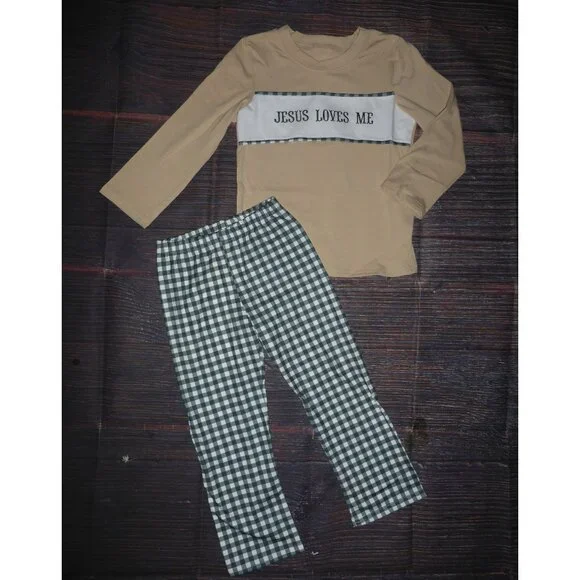 Boutique Boys Jesus Love Me Long Sleeve Shirt & Pants Outfit Set
