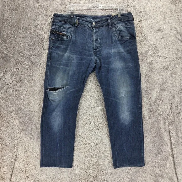 Diesel Jeans Mens 38x34 Blue D-Bazer Tapered Button Fly Distressed Altered Hem