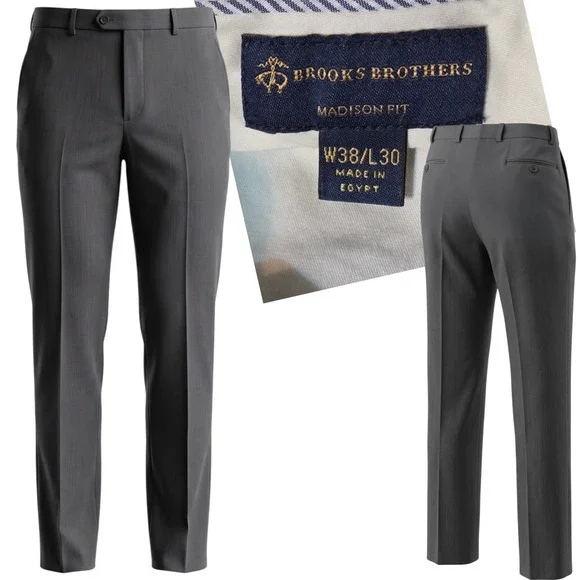 Brooks Brothers Dress Pants Men 38x30 Grey Madison Fit Flat Front Trousers