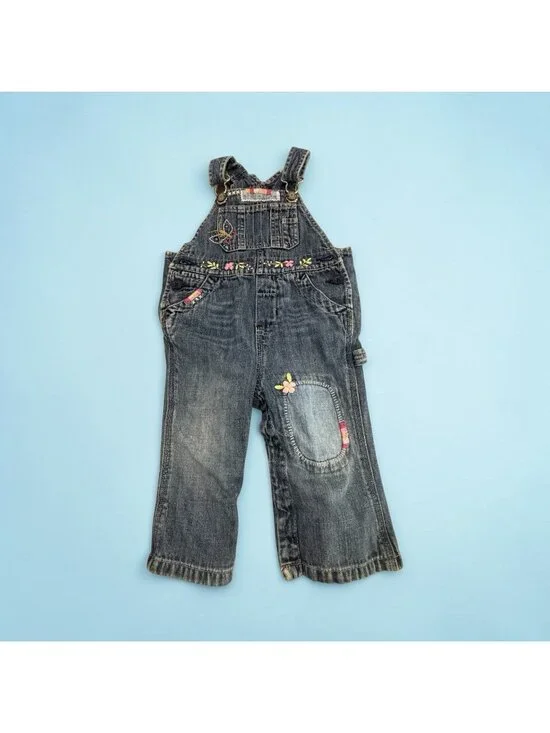 Baby Gap Denim Overalls Girls 12-18 Months Floral Embroidery Patch Distressed
