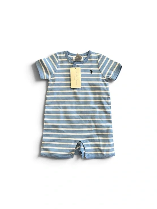Ralph Lauren Light Blue & White Striped Short-Sleeve Footie