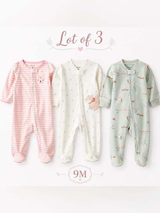 Carter’s Baby Girl 9M Fleece Footed Pajamas Sleep & Play Lot of 3 NWT