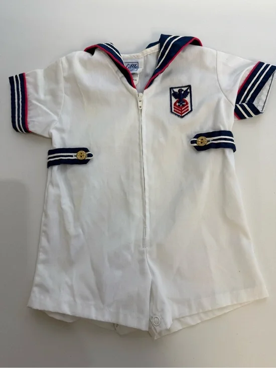 Vintage Little Bit Kids White Sailor Romper with Navy & Red Trim