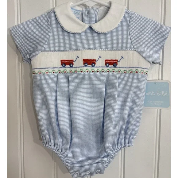 Petit Bebe Boys Wagon Bubble Size 3 Months Infant Hand Smocked Cotton Heritage