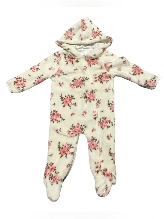 Laura Ashley Baby Bunting 3-6M Cream Pink Floral Fuzzy Hooded Coverall