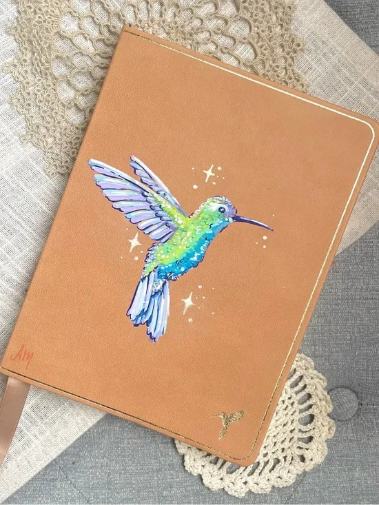 OOAK Papyrus Leather Journal Hand Painted Hummingbird Lined Notebook New