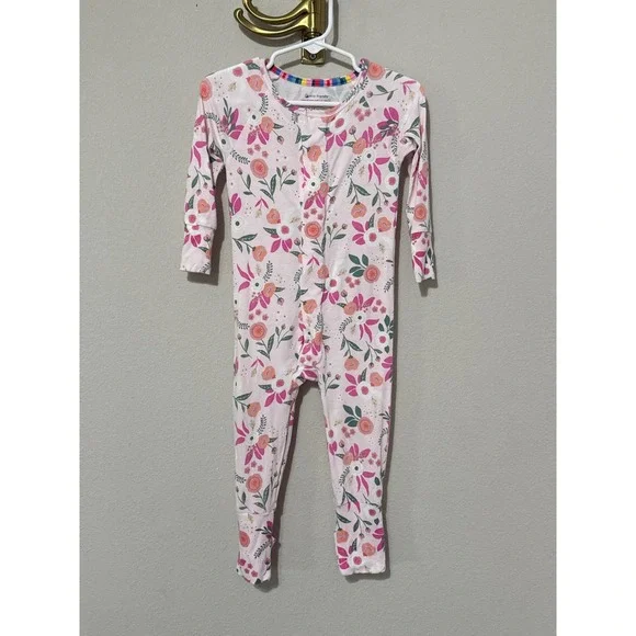 Magnetic Me Footie Baby Girl 12-18 Months Pink Floral Bamboo Magnetic Closure