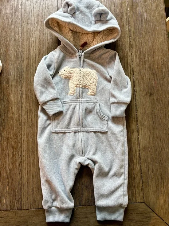 Carter's Light Blue Sherpa Lined Hooded Baby One-Piece with Polar Bear- 3m