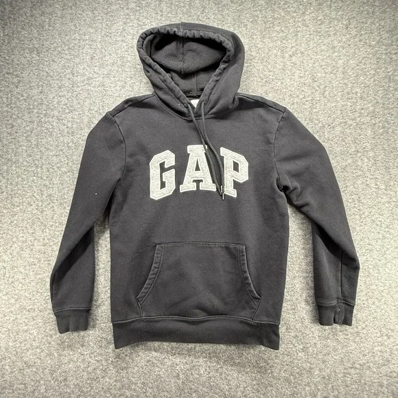 GAP Hoodie Boys XS Black Pullover Sweatshirt Fleece Logo Kangaroo‎ Pocket Casual