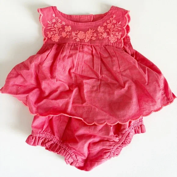 Baby GAP Girls Pink Floral Embroidered Boho Linen Blend Dress‎ Bloomers Set 3-6M