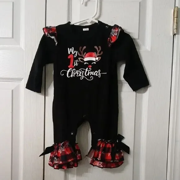 My 1st Christmas Black Christmas Baby Romper Red Plaid Accents Sz 3-6 month NWOT