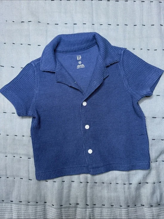 GAP Baby Short-Sleeve Button-Front Knit Shirt in Blue