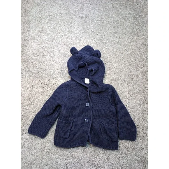 Baby GAP Navy Blue Knit Bear Ear Hooded Cardigan Sweater 6-12 Months 100% Cotton