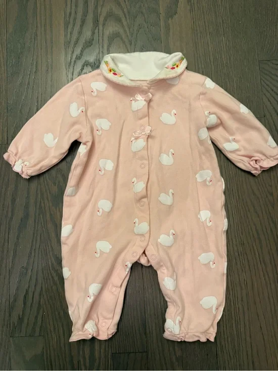Baby Girl Pink Swan Print Footless Sleeper Romper 6 Months Embroidered Collar