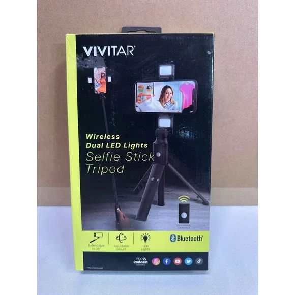 Vivitar Wireless Dual LED‎ Lights Selfie Stick Tripod Bluetooth Remote Black