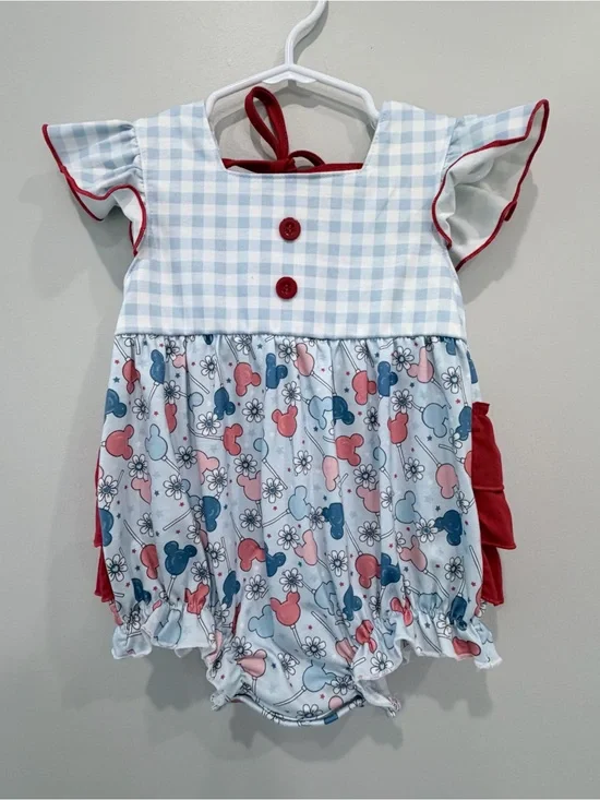 Baby Girl Gingham & Mickey Print Romper - Red & Light Blue