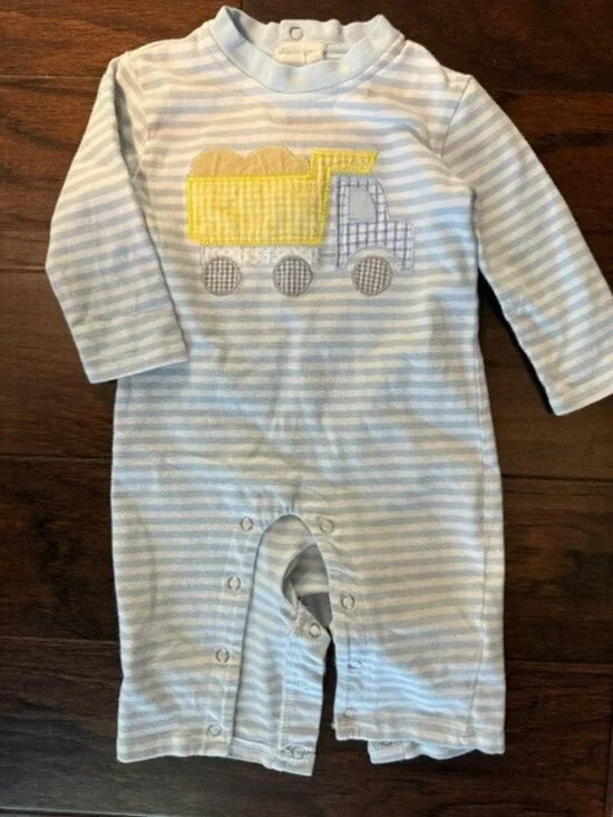 TROTTER ST. KIDS Long Sleeve Striped Truck Appliqué One Piece Romper