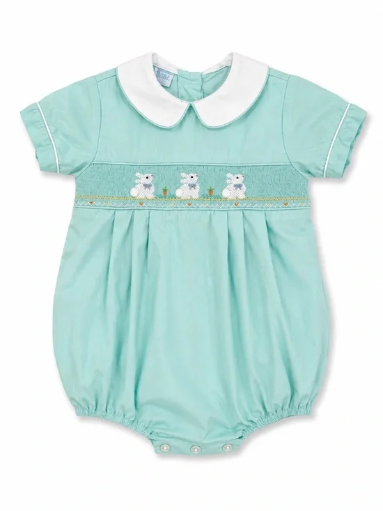 Petit Bebe Boys 9M Smocked Easter Bunnies Teal Bubble Spring Rabbit Short Sleeve
