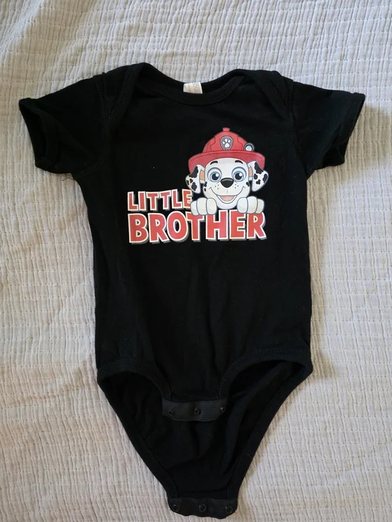Little Brother Black Baby One-Piece Bodysuit with Fire Pup Graphic
