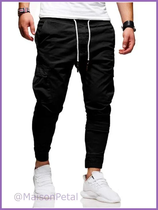 Mens Cotton Chino Cargo Pants Drawstring Outdoor Hiking Casual Tapered