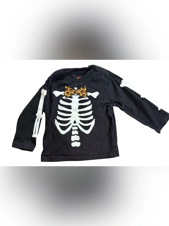 Kids Black Halloween Skeleton Tee with Pumpkin Bow