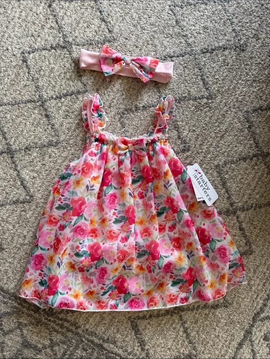 Baby Starters Pink Floral Dress with Matching Pink Bow Headband