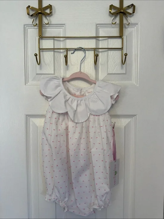 White Baby One-Piece with Pink Dot Trim and Scalloped Collar