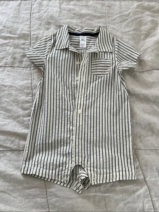 Carter's Cream and Navy Pinstripe Short-Sleeve One-Piece