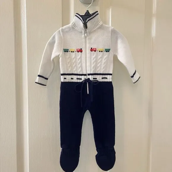 Vintage Baby Togs Train Knit Footie One Piece Footed Romper Birth to 3 Months