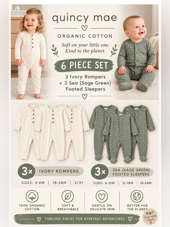 6 Pc Quincy Mae NWT Gift Set, Sizes: 3-6M to 2/3Y, Organic Cotton, Value Bundle