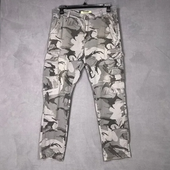 Wrangler Mens Gray Camo Cargo Pants 34 Stretch Tapered Flap Pocket Tactical Work