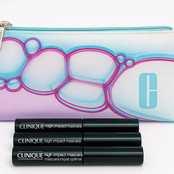 Clinique High Impact Mascara Bundle (3x .14 oz) + Cosmetic Bag | New