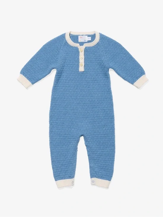 Oso & Me Archie Jumpsuit Soft Knit Blue One-Piece Romper with Ivory Trim 6m